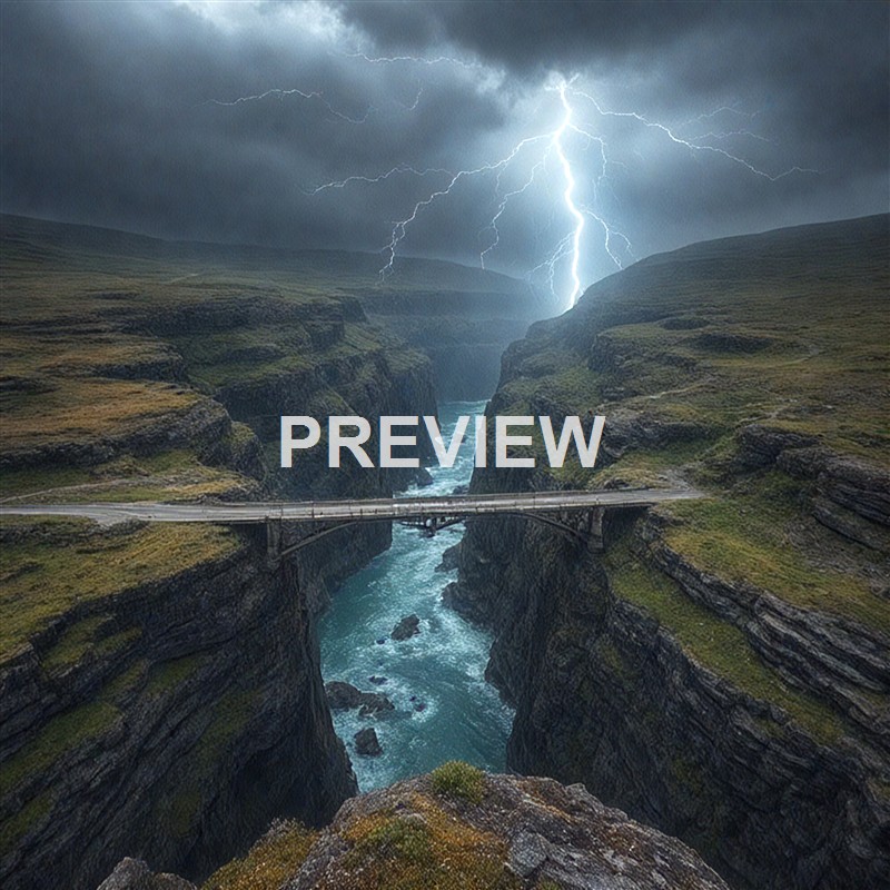 A dramatic landscape featuring a deep canyon with a river flowing through it, a bridge spanning the canyon, and a lightning storm illuminating the dark, cloudy sky above rocky hills.